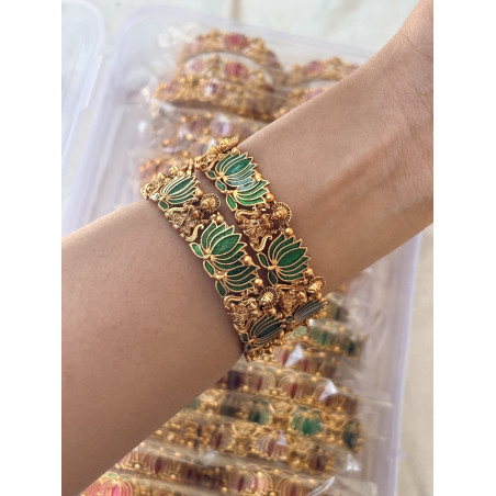 “Lotus Matte Temple Bangles | Traditional Matte Gold Bangles for Weddi