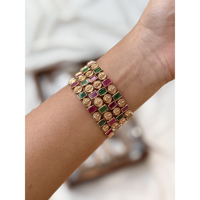 Lakshmi Ruby Emerald Matte Bangles | Temple Jewellery